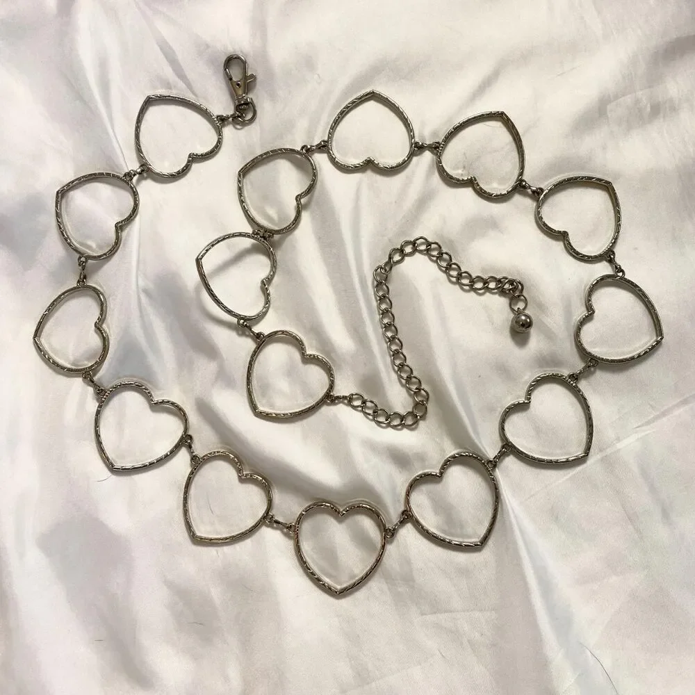 Early 2000's Y2K Silver Heart Chainlink Waist Belts OS 39 - 49 